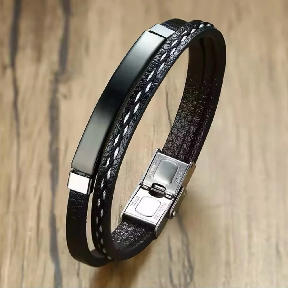 Leather Bracelets for Men Women Stainless Steel Bar Layered Bangle 8.2”